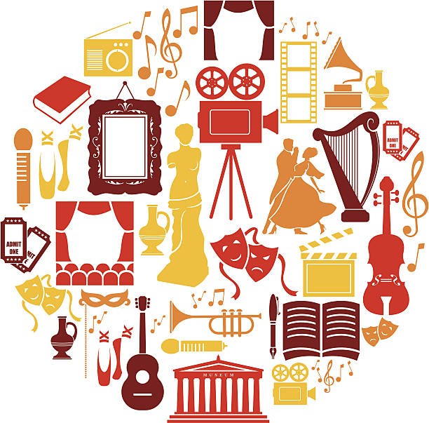 Ilustração com símbolos da cultura: música, teatro, dança, cinema, literatura, artes visuais e patrimônio